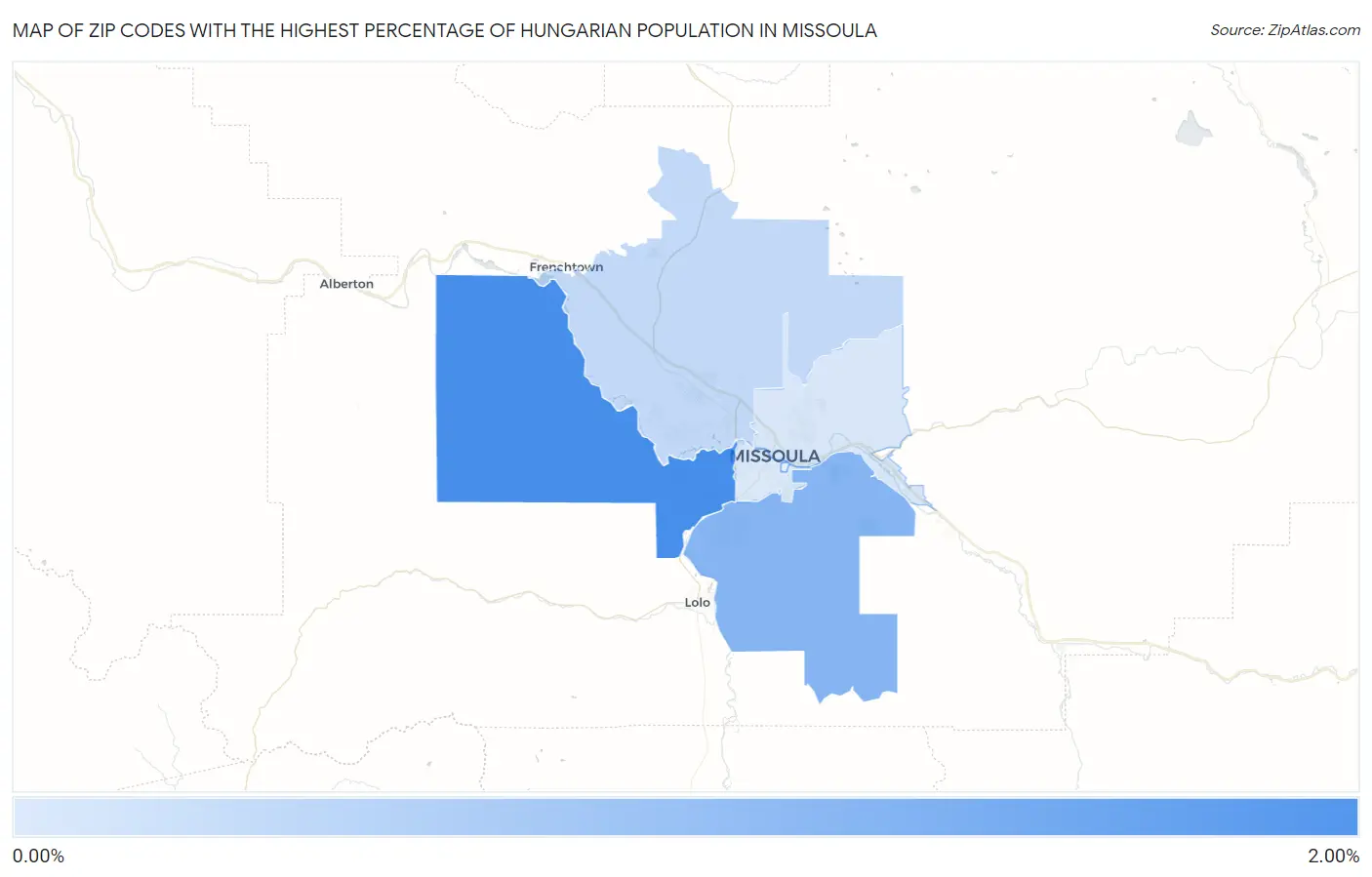 Zip Codes with the Highest Percentage of Hungarian Population in Missoula Map