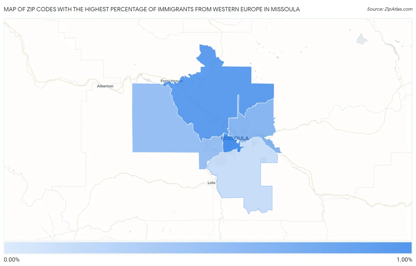 Zip Codes with the Highest Percentage of Immigrants from Western Europe in Missoula Map