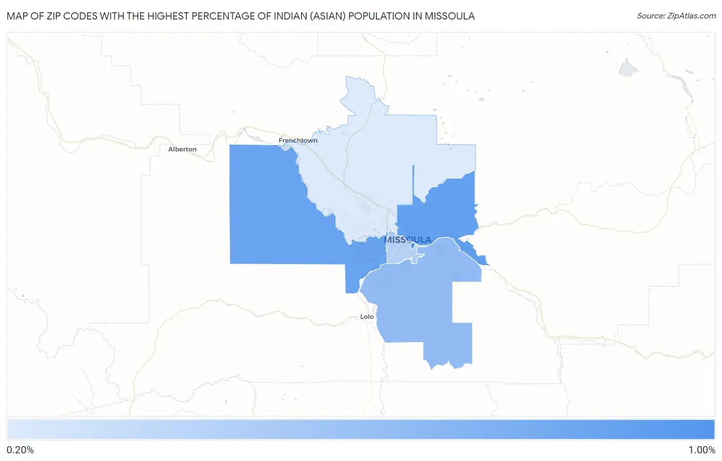 Zip Codes with the Highest Percentage of Indian (Asian) Population in Missoula Map