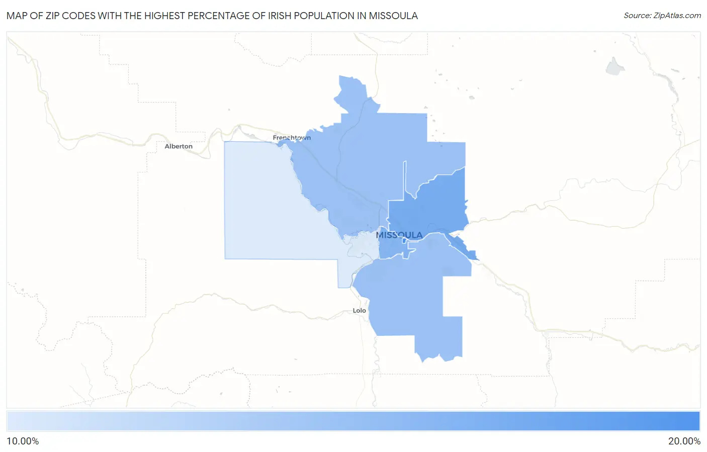 Zip Codes with the Highest Percentage of Irish Population in Missoula Map