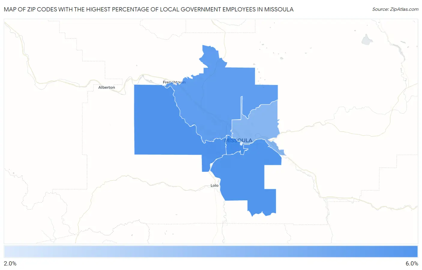 Zip Codes with the Highest Percentage of Local Government Employees in Missoula Map