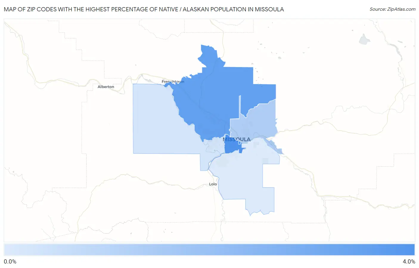 Zip Codes with the Highest Percentage of Native / Alaskan Population in Missoula Map