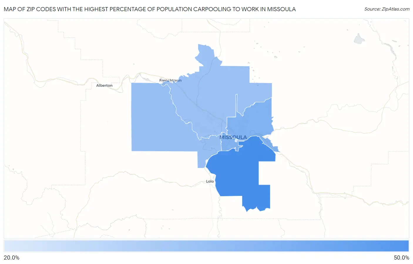 Zip Codes with the Highest Percentage of Population Carpooling to Work in Missoula Map