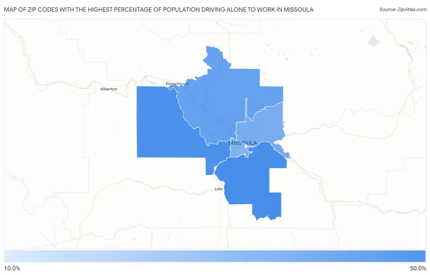 Zip Codes with the Highest Percentage of Population Driving Alone to Work in Missoula Map