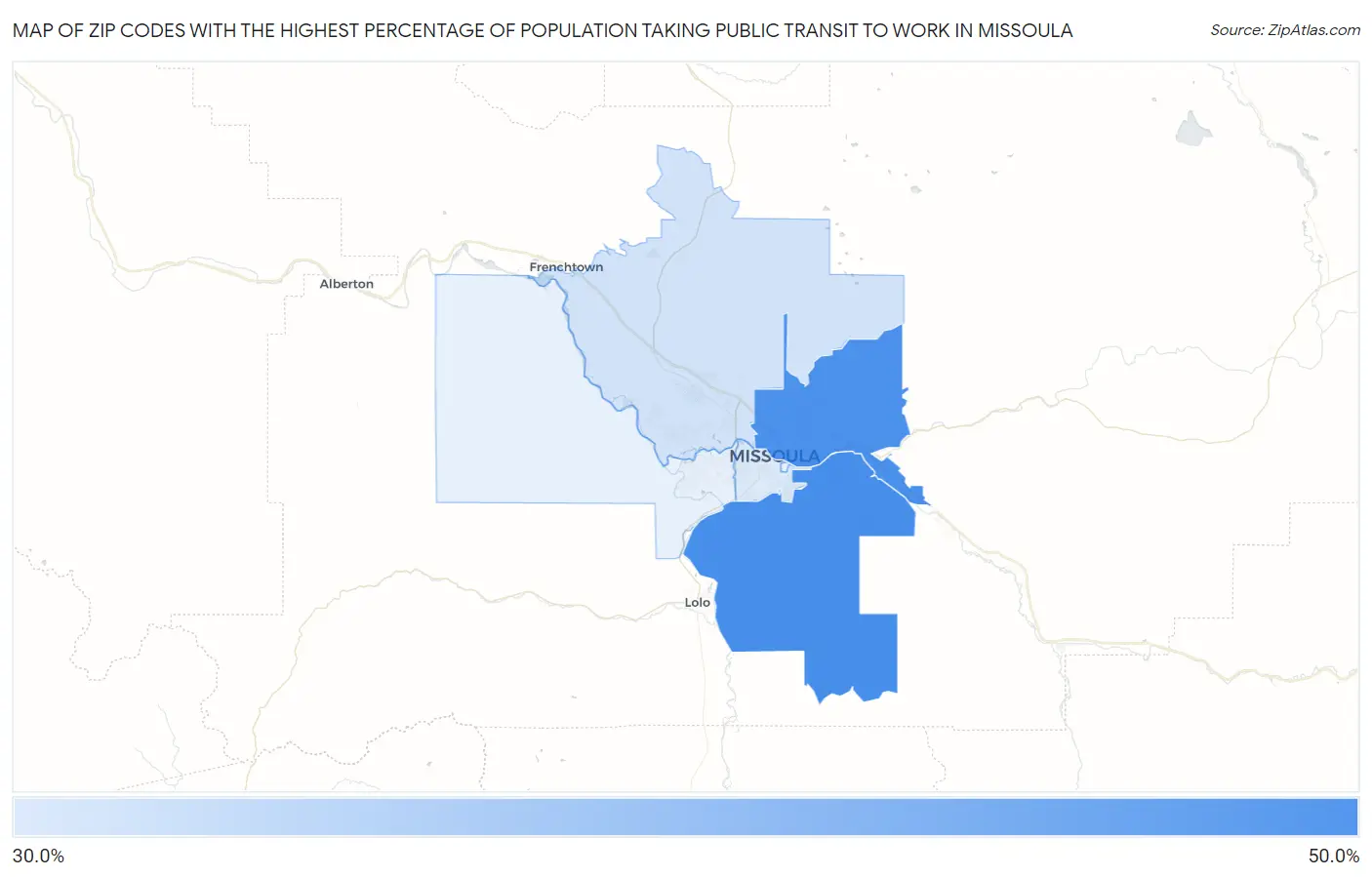 Zip Codes with the Highest Percentage of Population Taking Public Transit to Work in Missoula Map