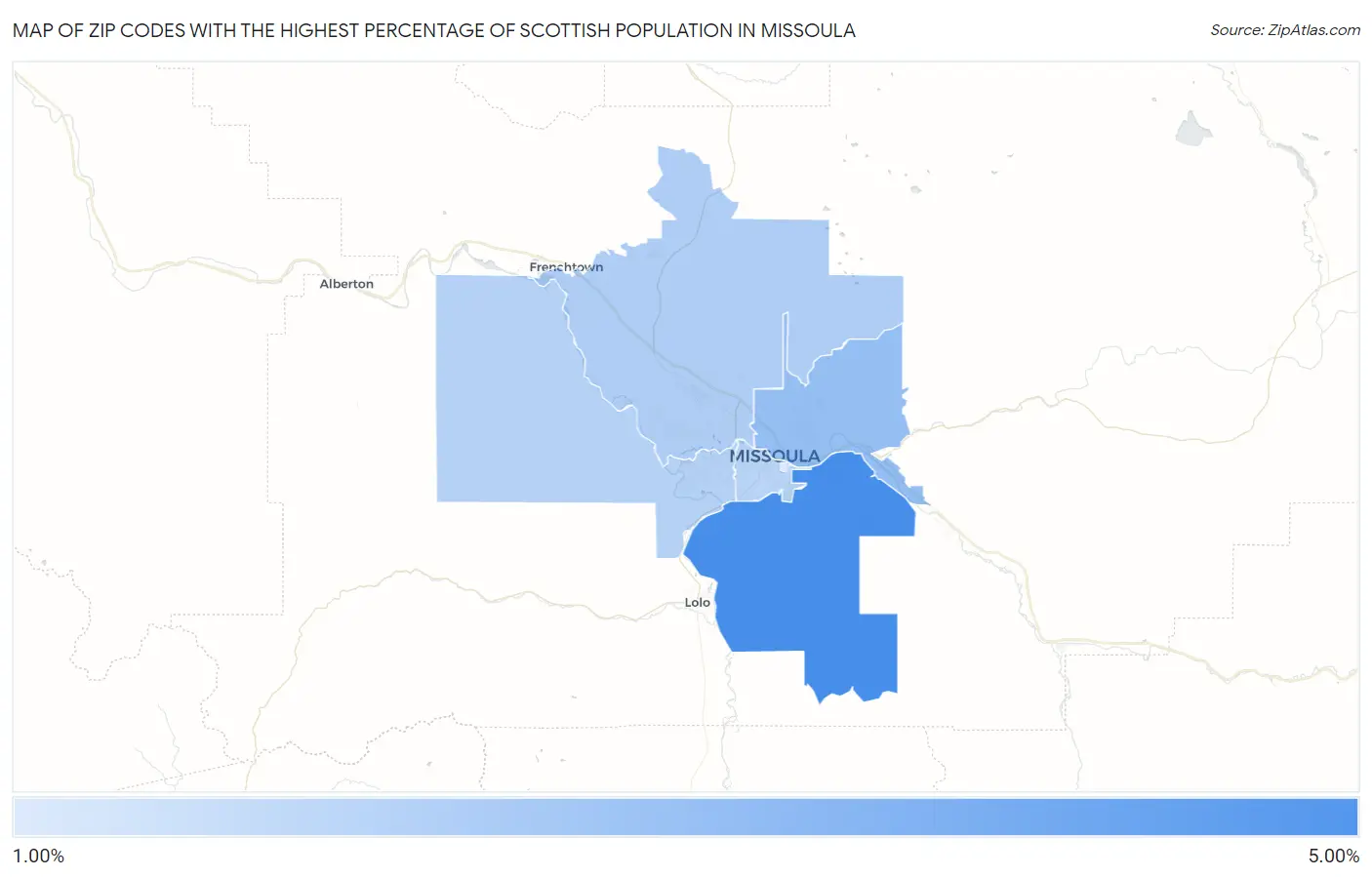 Zip Codes with the Highest Percentage of Scottish Population in Missoula Map