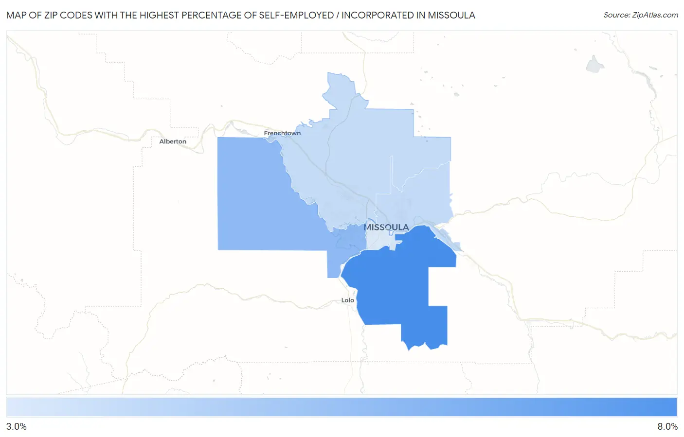 Zip Codes with the Highest Percentage of Self-Employed / Incorporated in Missoula Map