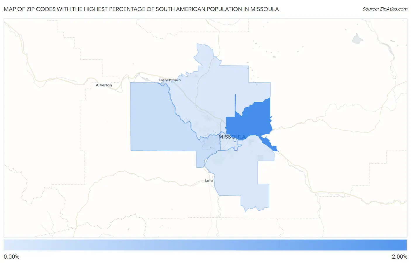 Zip Codes with the Highest Percentage of South American Population in Missoula Map