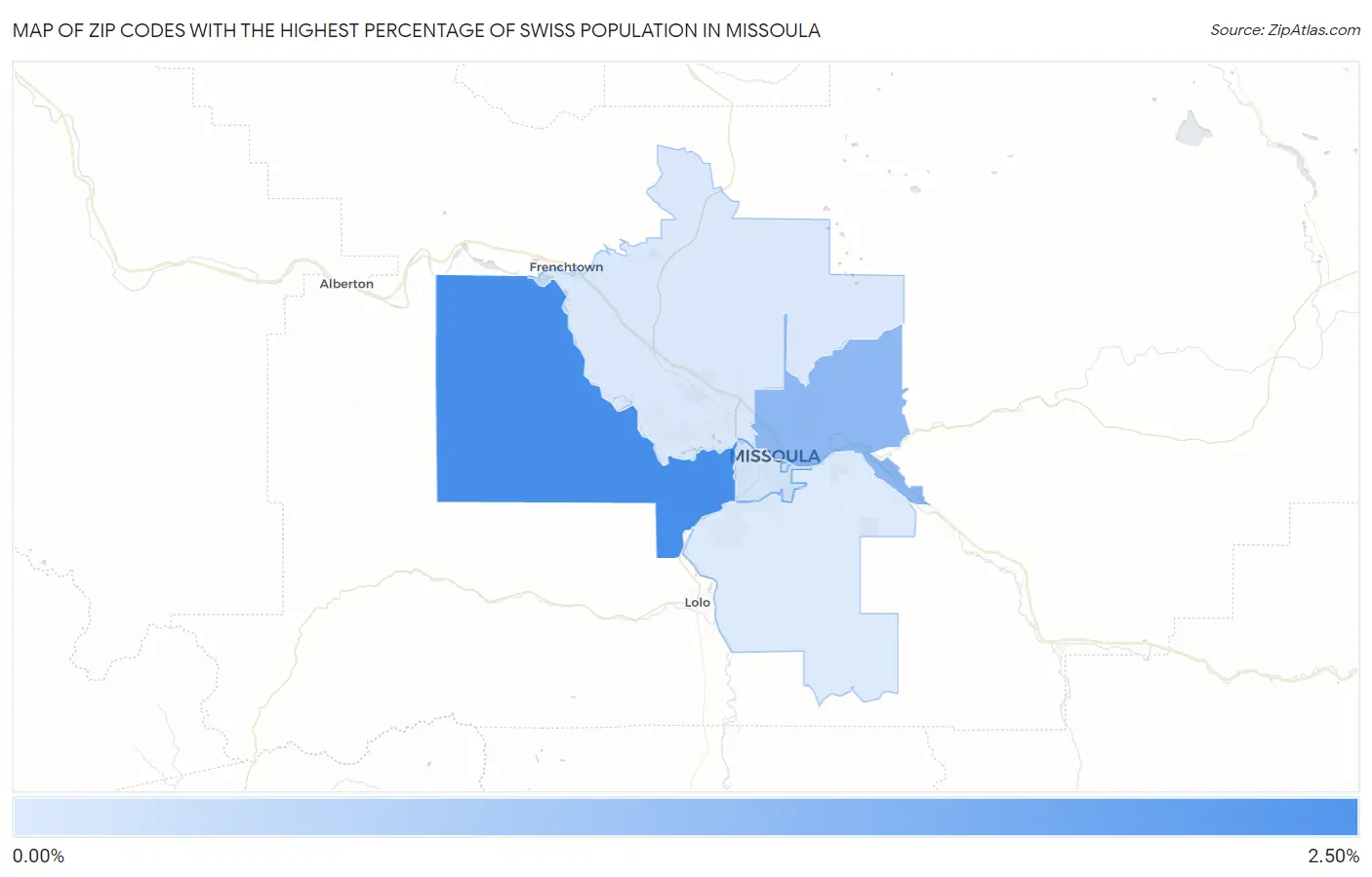 Zip Codes with the Highest Percentage of Swiss Population in Missoula Map