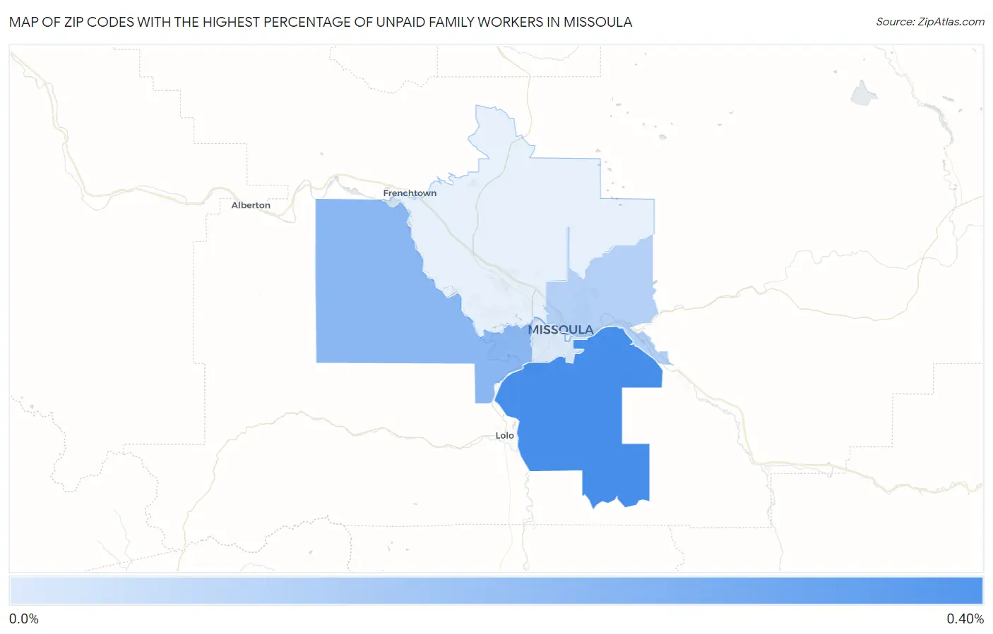 Zip Codes with the Highest Percentage of Unpaid Family Workers in Missoula Map