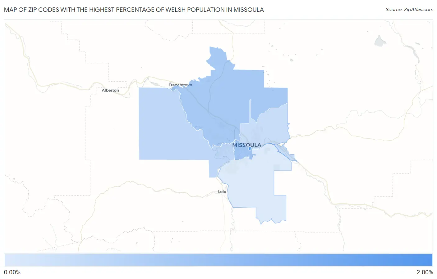 Zip Codes with the Highest Percentage of Welsh Population in Missoula Map