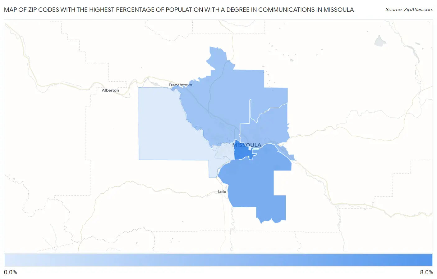 Zip Codes with the Highest Percentage of Population with a Degree in Communications in Missoula Map