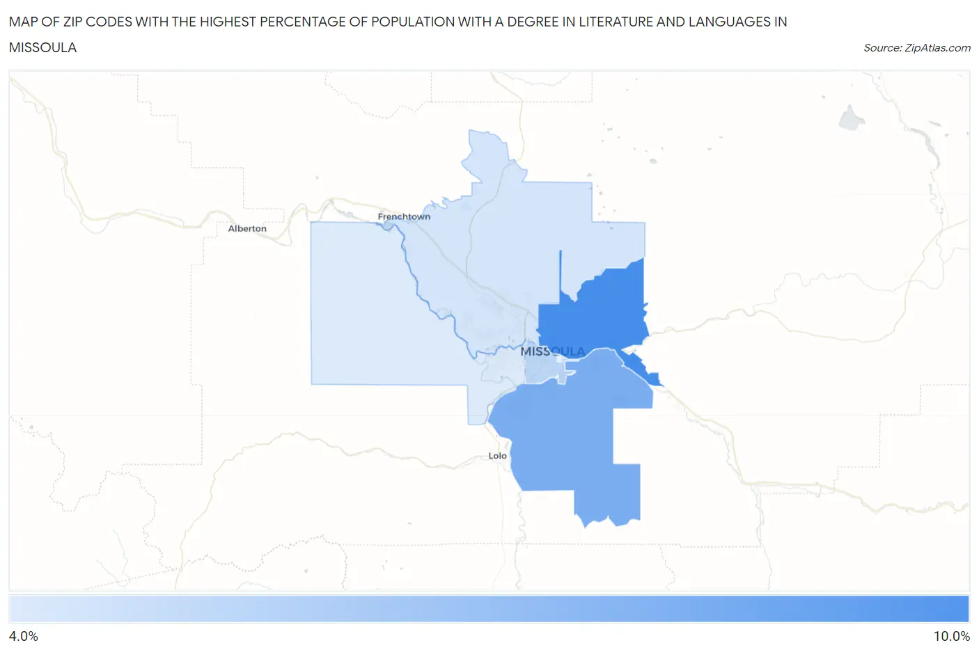 Zip Codes with the Highest Percentage of Population with a Degree in Literature and Languages in Missoula Map