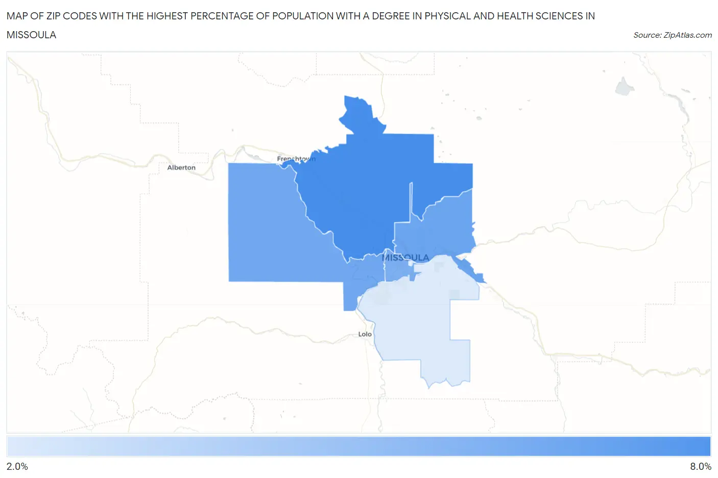 Zip Codes with the Highest Percentage of Population with a Degree in Physical and Health Sciences in Missoula Map