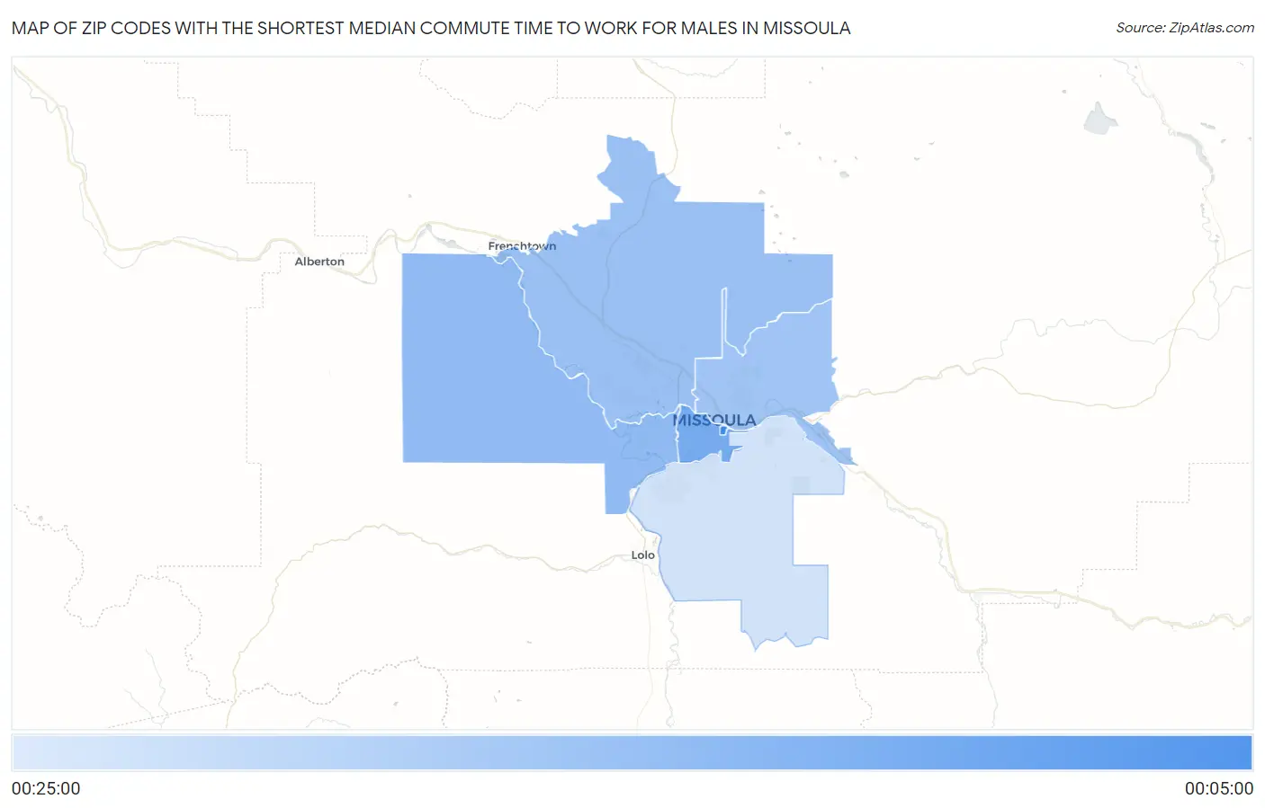 Zip Codes with the Shortest Median Commute Time to Work for Males in Missoula Map