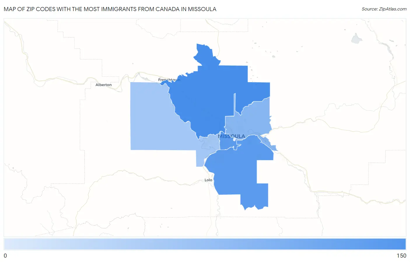 Zip Codes with the Most Immigrants from Canada in Missoula Map