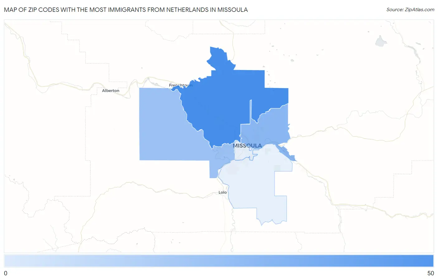 Zip Codes with the Most Immigrants from Netherlands in Missoula Map