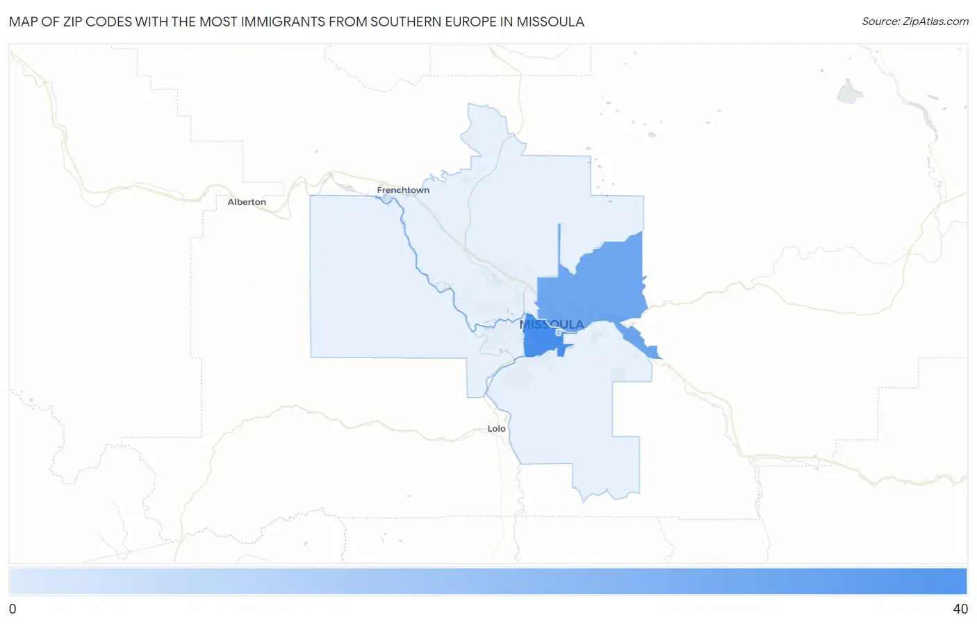 Zip Codes with the Most Immigrants from Southern Europe in Missoula Map