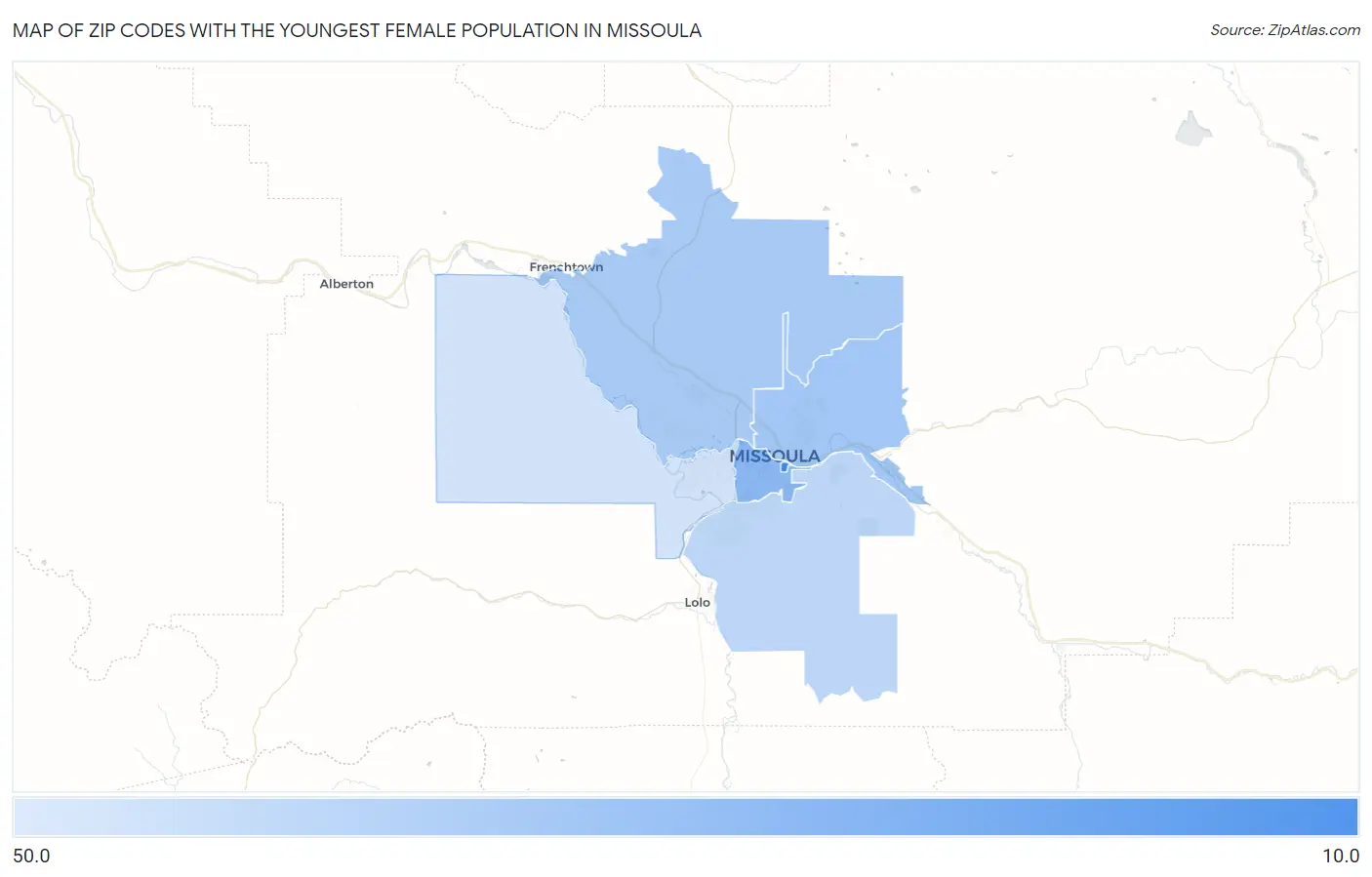 Zip Codes with the Youngest Female Population in Missoula Map