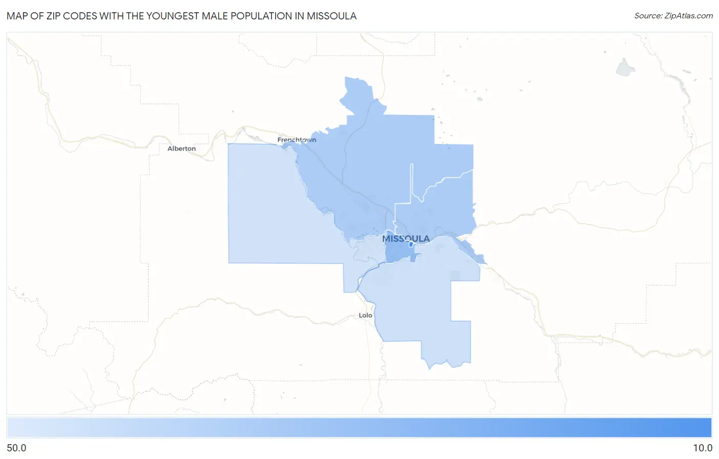 Zip Codes with the Youngest Male Population in Missoula Map