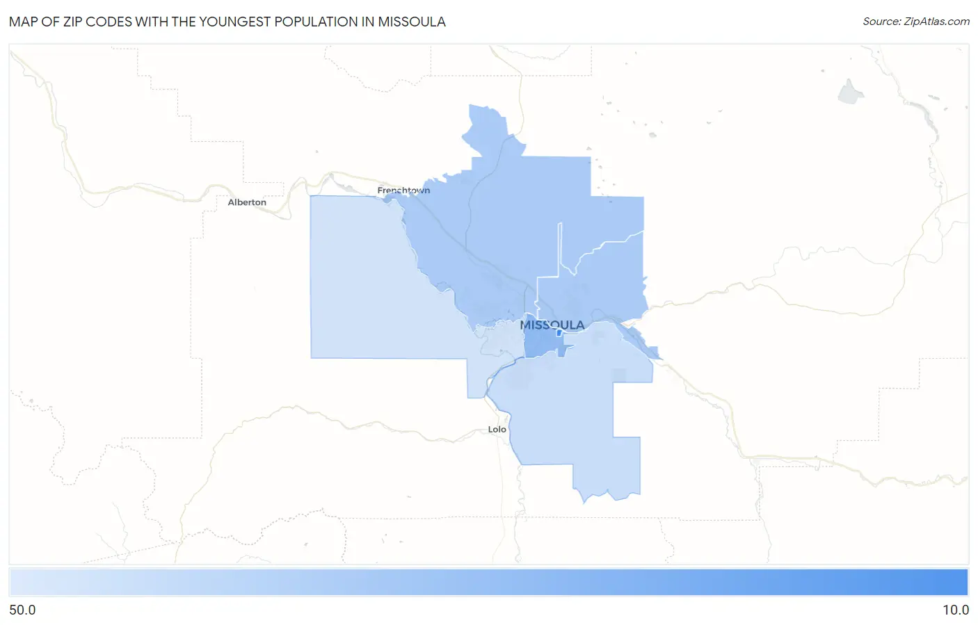 Zip Codes with the Youngest Population in Missoula Map
