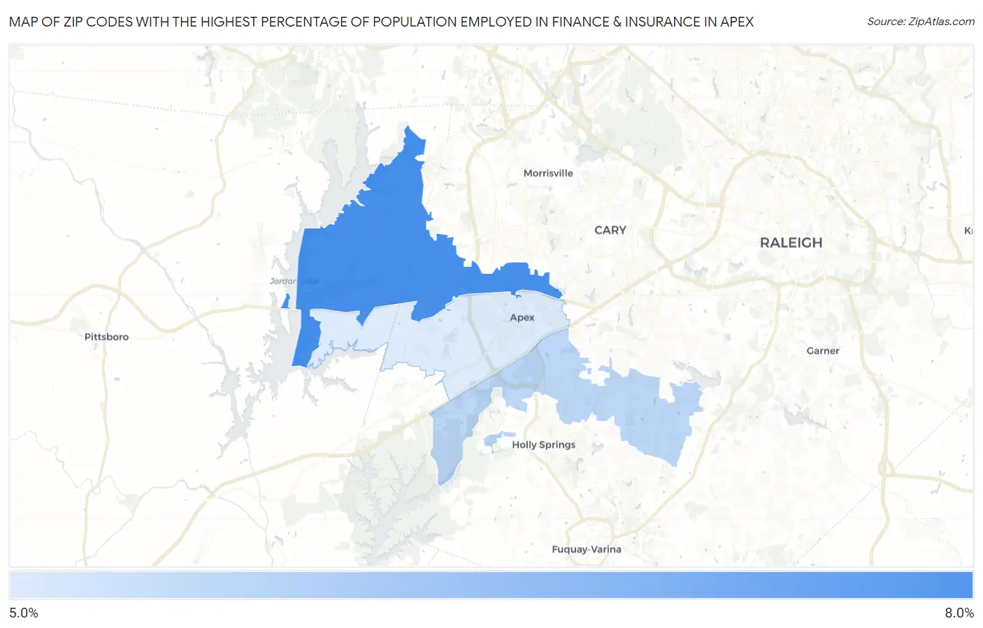 Zip Codes with the Highest Percentage of Population Employed in Finance & Insurance in Apex Map