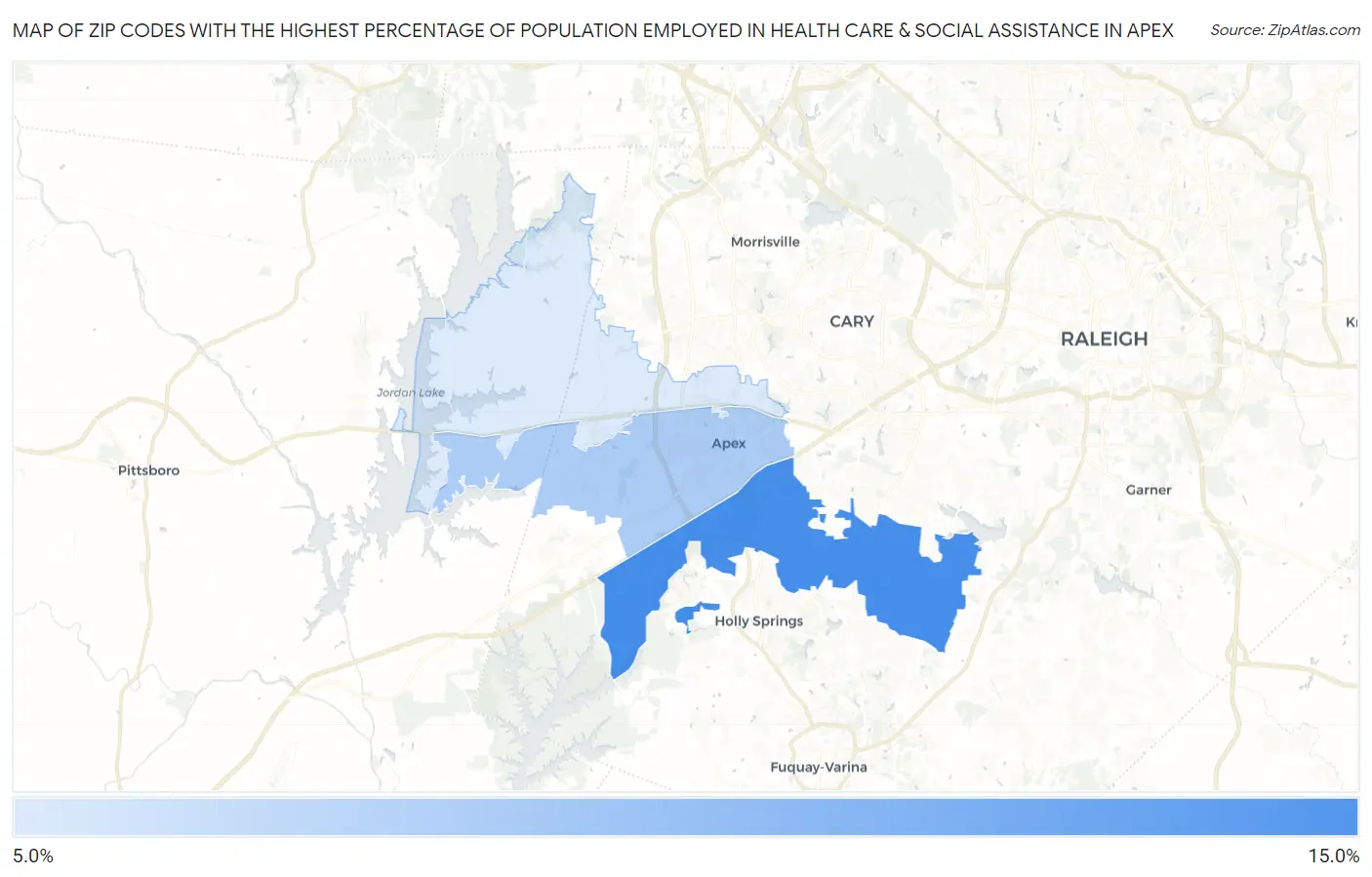 Zip Codes with the Highest Percentage of Population Employed in Health Care & Social Assistance in Apex Map