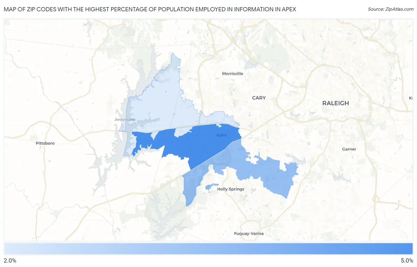 Zip Codes with the Highest Percentage of Population Employed in Information in Apex Map