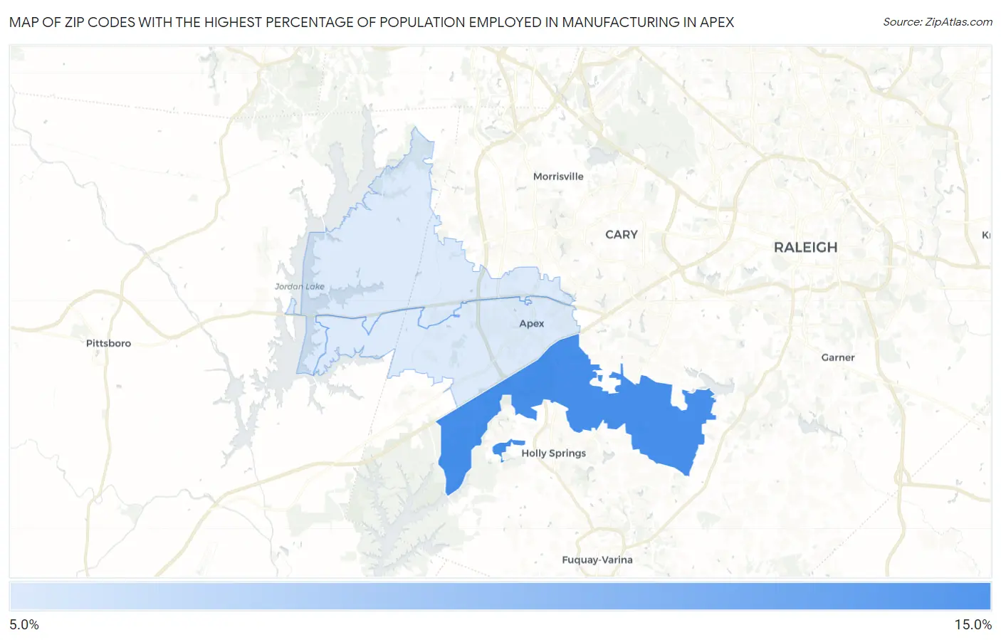 Zip Codes with the Highest Percentage of Population Employed in Manufacturing in Apex Map