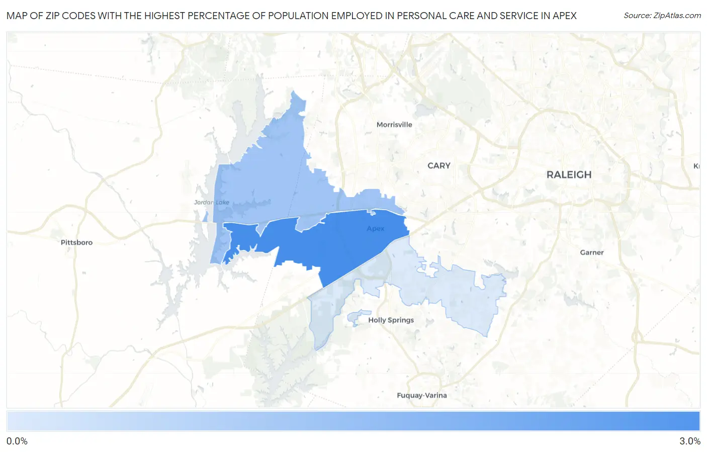 Zip Codes with the Highest Percentage of Population Employed in Personal Care and Service in Apex Map