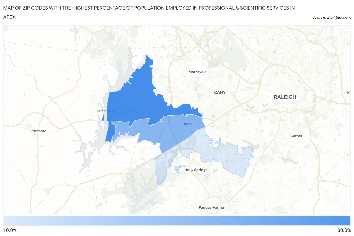 Zip Codes with the Highest Percentage of Population Employed in Professional & Scientific Services in Apex Map