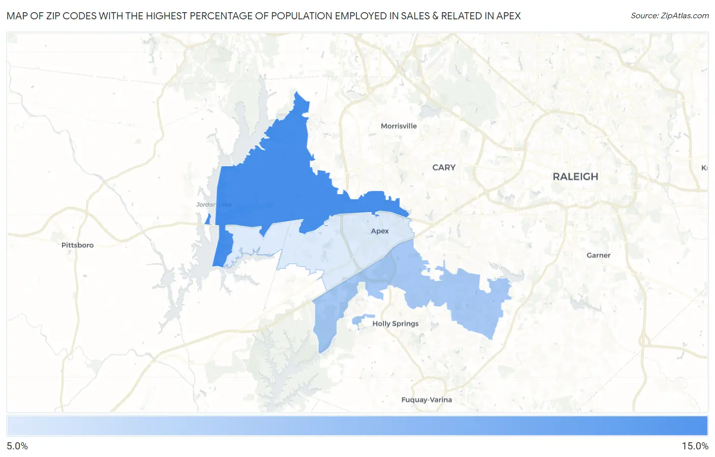 Zip Codes with the Highest Percentage of Population Employed in Sales & Related in Apex Map