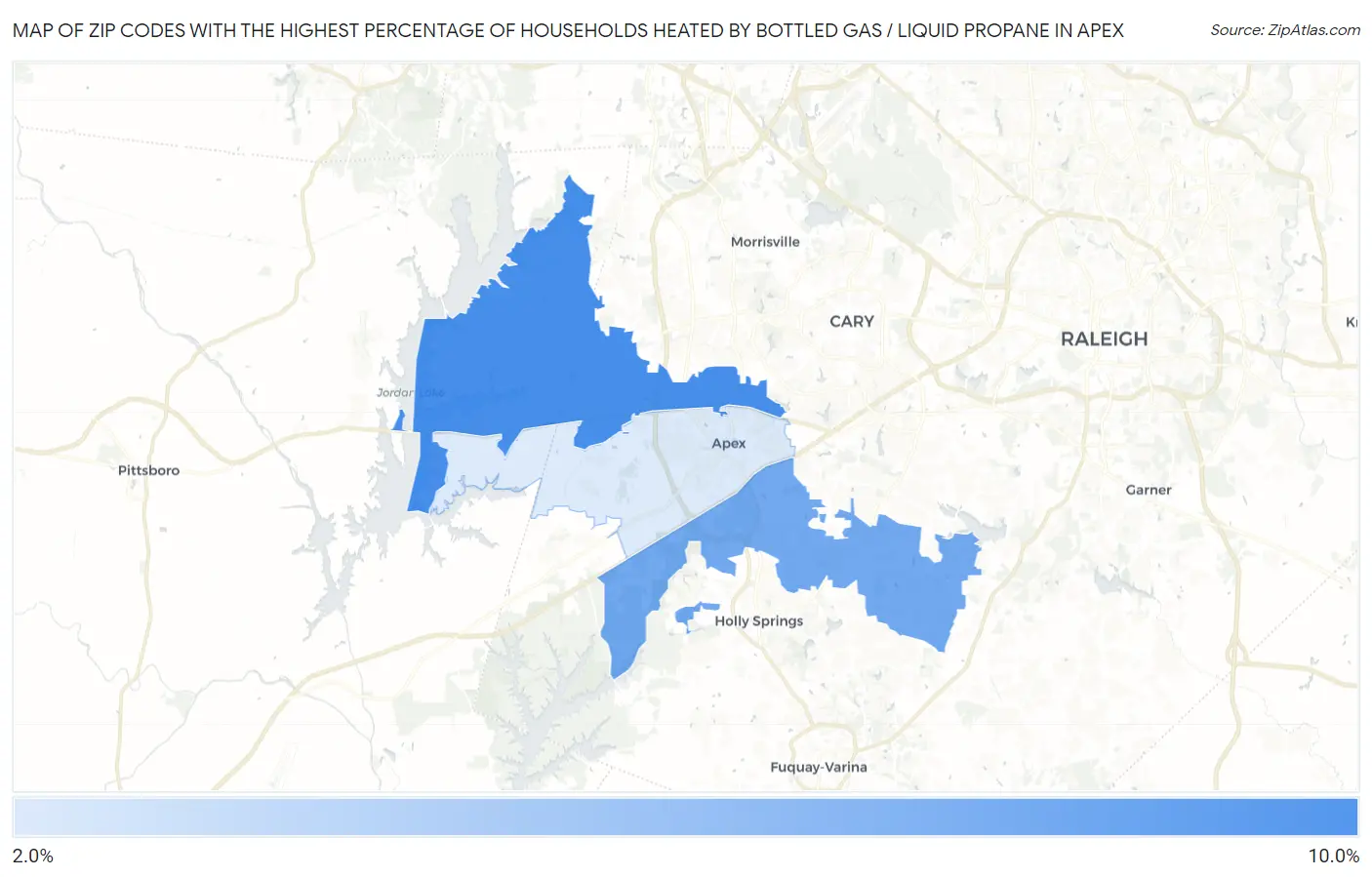 Zip Codes with the Highest Percentage of Households Heated by Bottled Gas / Liquid Propane in Apex Map