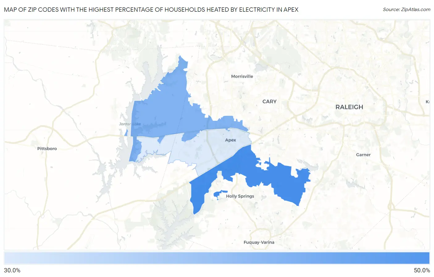 Zip Codes with the Highest Percentage of Households Heated by Electricity in Apex Map