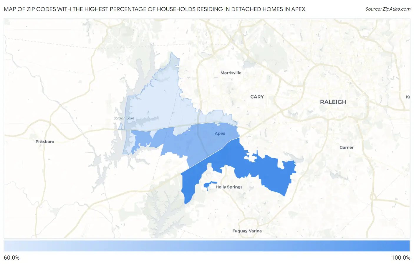 Zip Codes with the Highest Percentage of Households Residing in Detached Homes in Apex Map