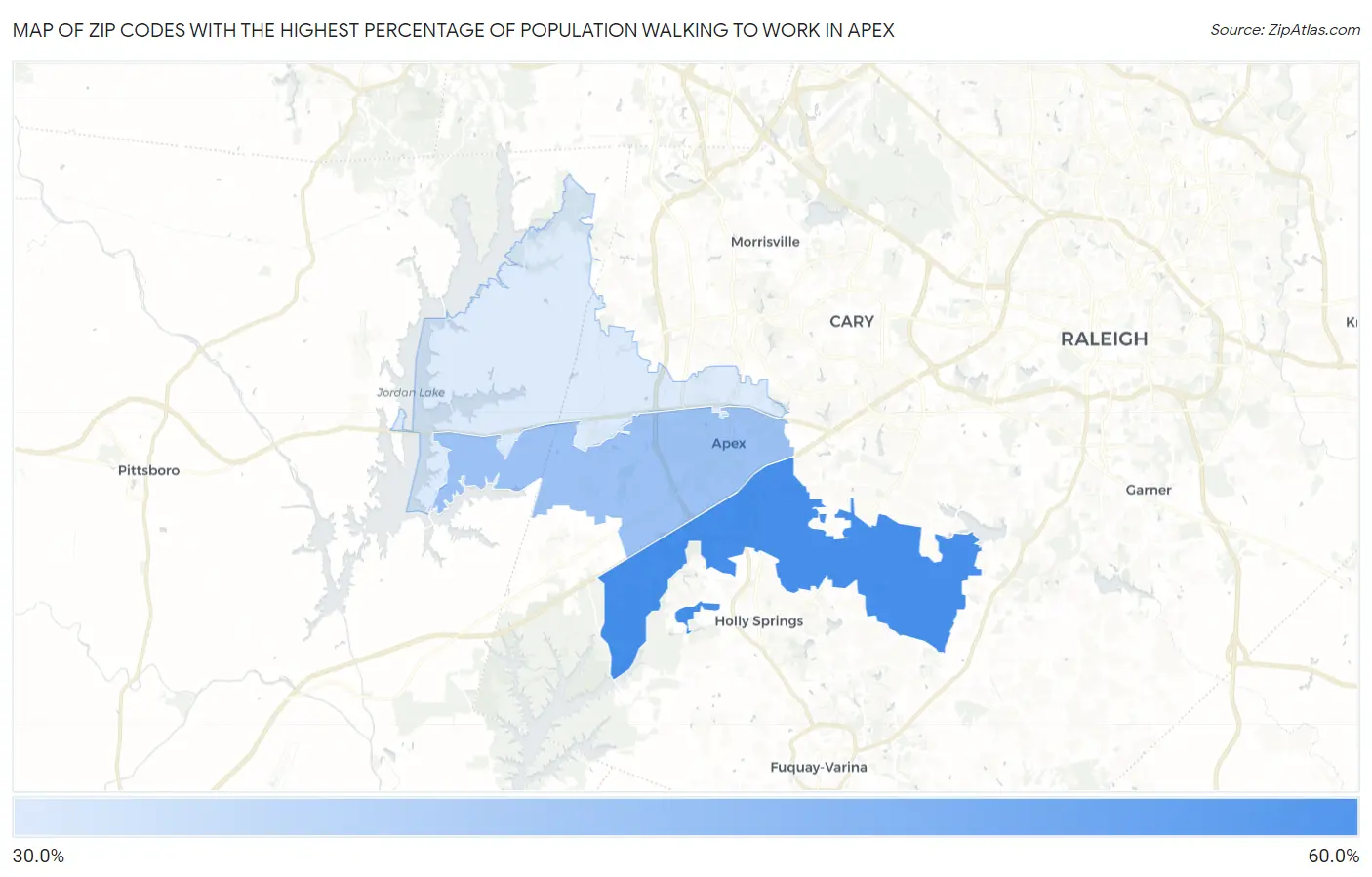 Zip Codes with the Highest Percentage of Population Walking to Work in Apex Map