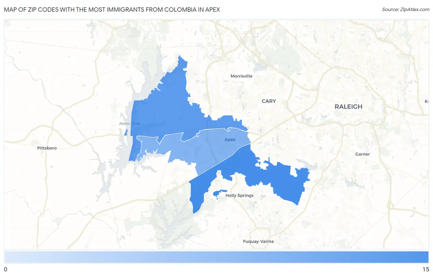 Zip Codes with the Most Immigrants from Colombia in Apex Map