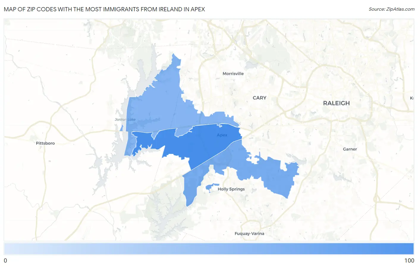 Zip Codes with the Most Immigrants from Ireland in Apex Map