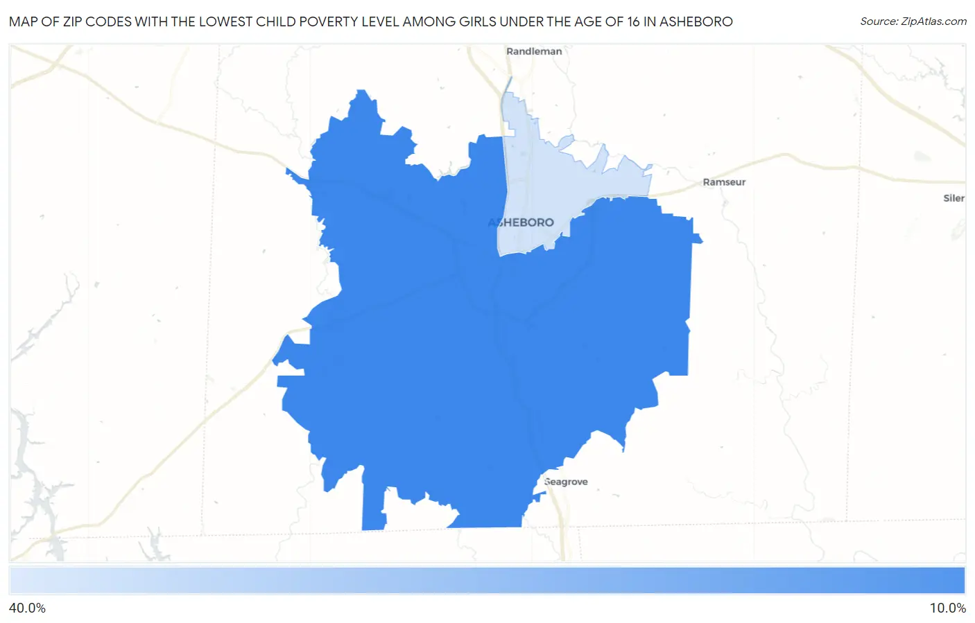 Zip Codes with the Lowest Child Poverty Level Among Girls Under the Age of 16 in Asheboro Map