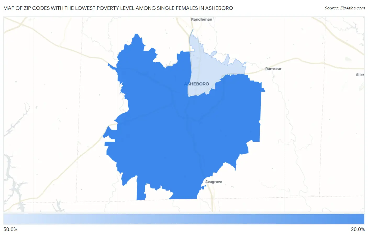 Zip Codes with the Lowest Poverty Level Among Single Females in Asheboro Map