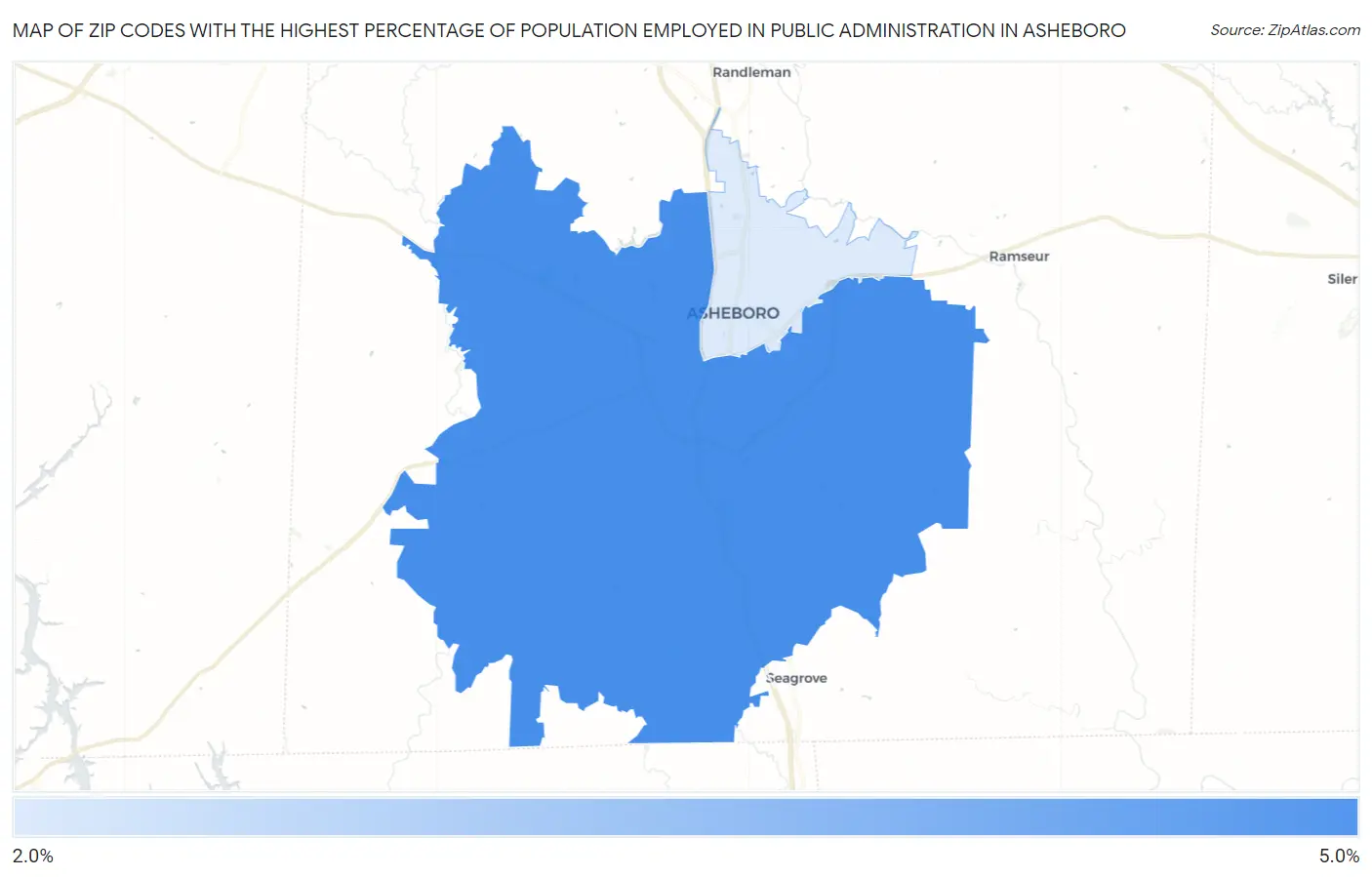 Zip Codes with the Highest Percentage of Population Employed in Public Administration in Asheboro Map