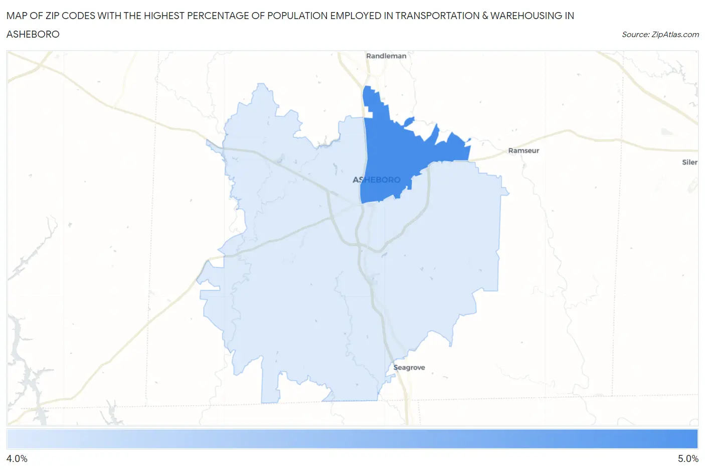 Zip Codes with the Highest Percentage of Population Employed in Transportation & Warehousing in Asheboro Map