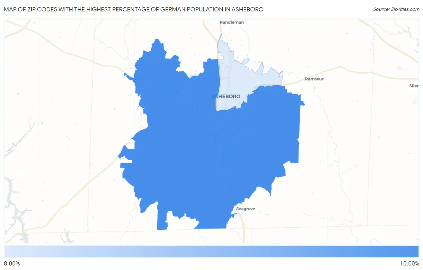 Zip Codes with the Highest Percentage of German Population in Asheboro Map