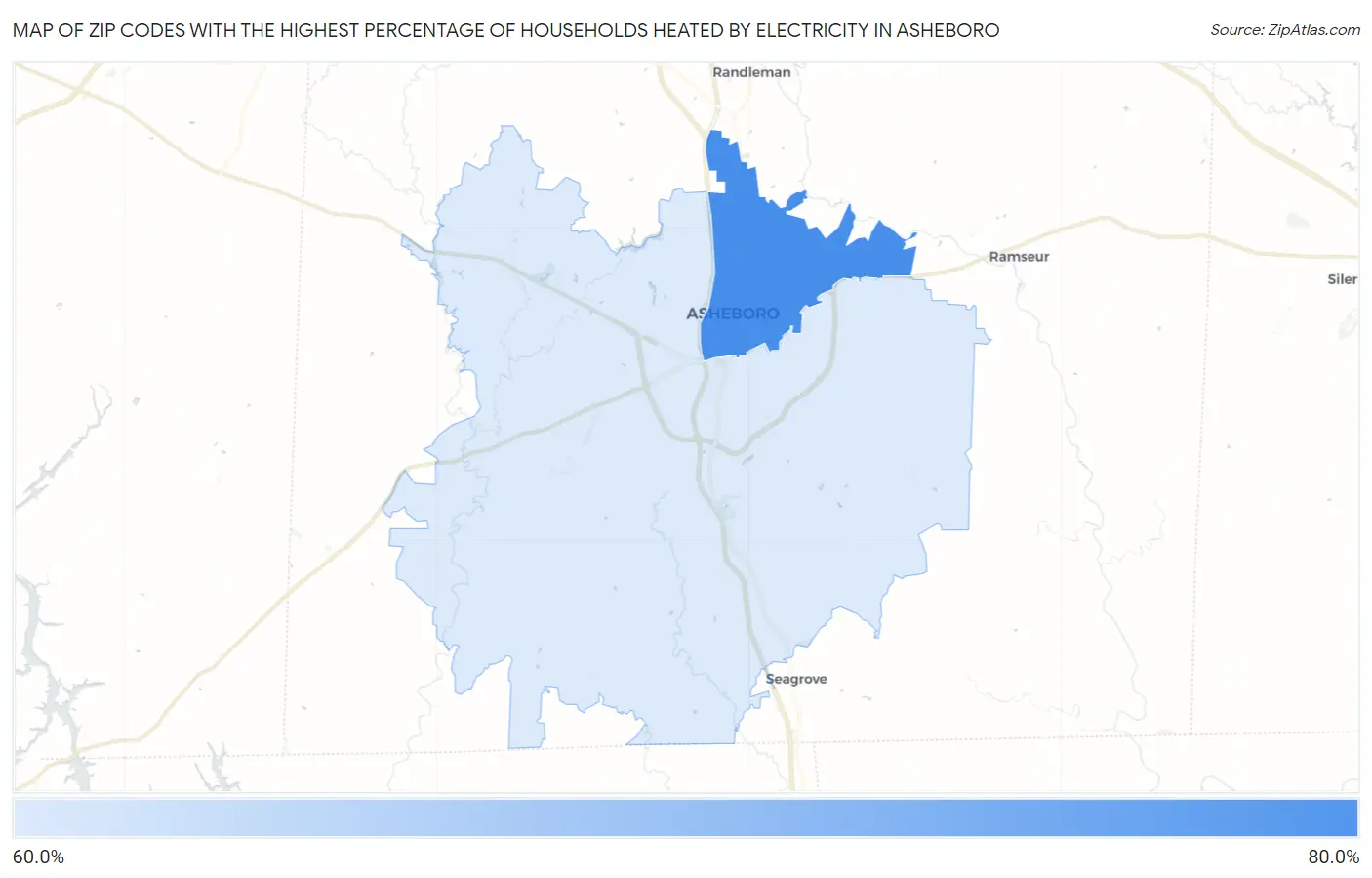 Zip Codes with the Highest Percentage of Households Heated by Electricity in Asheboro Map