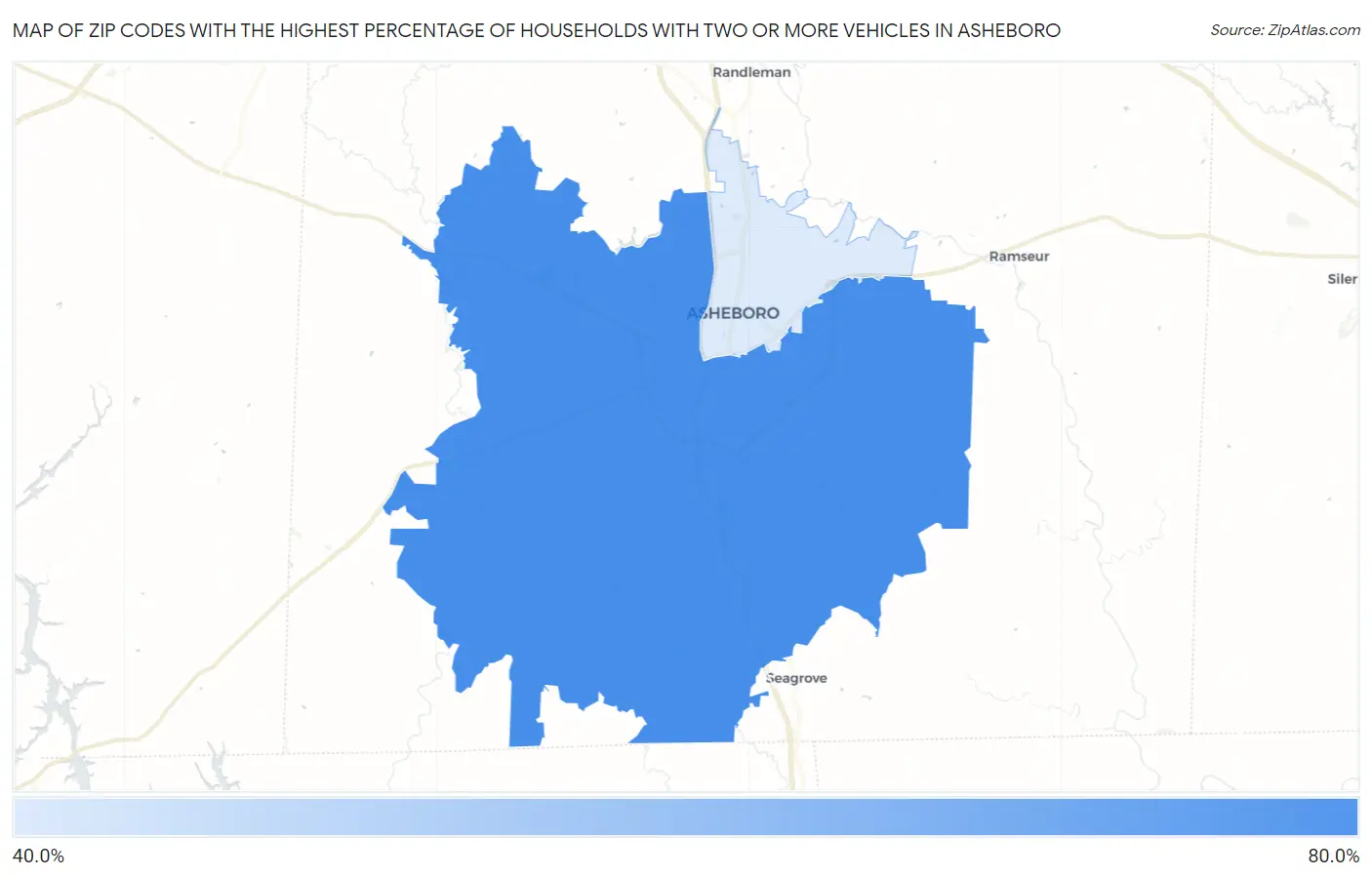 Zip Codes with the Highest Percentage of Households With Two or more Vehicles in Asheboro Map