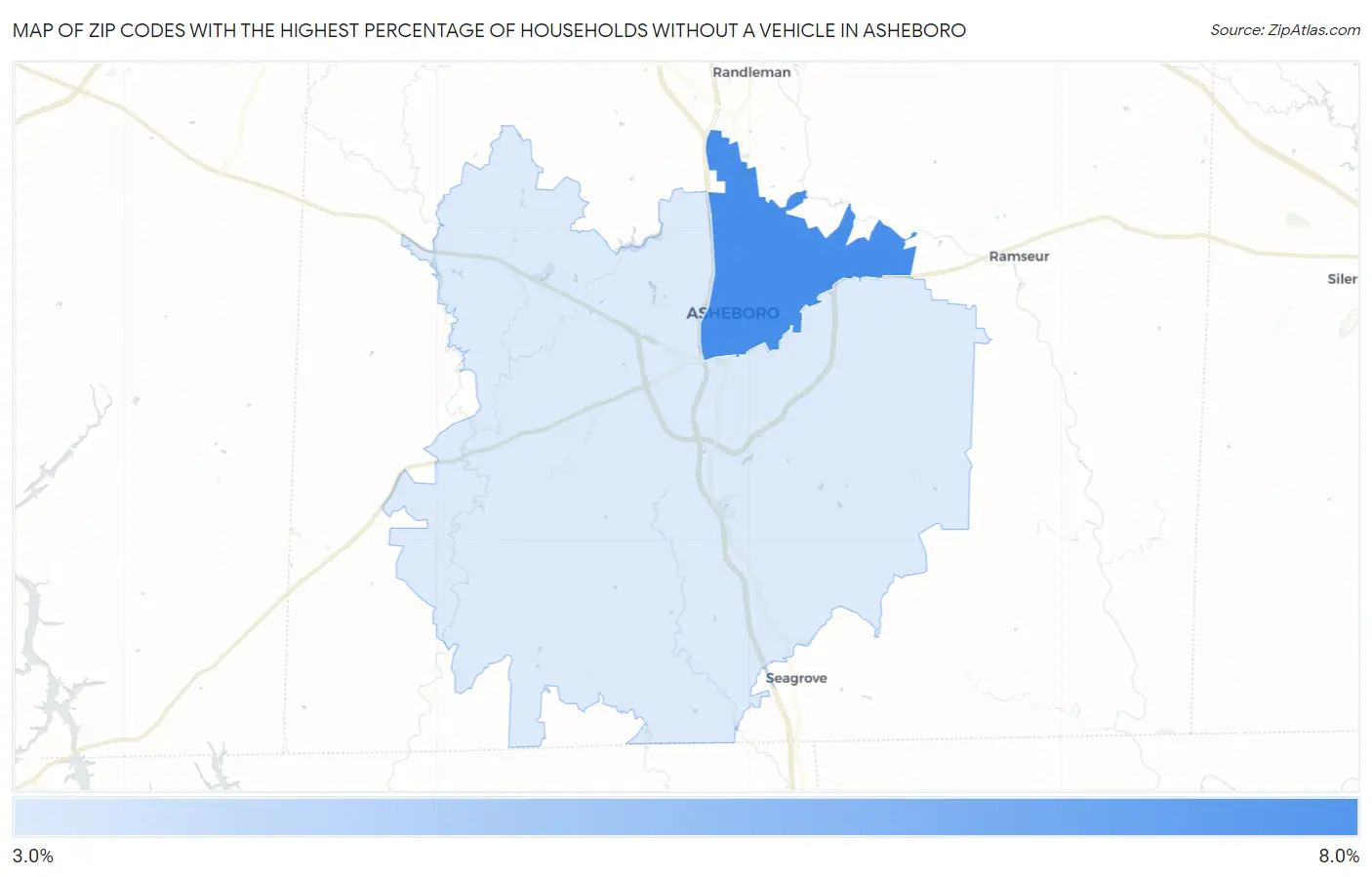 Zip Codes with the Highest Percentage of Households Without a Vehicle in Asheboro Map