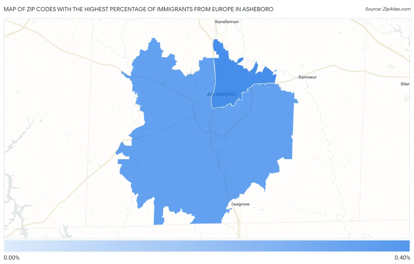 Zip Codes with the Highest Percentage of Immigrants from Europe in Asheboro Map