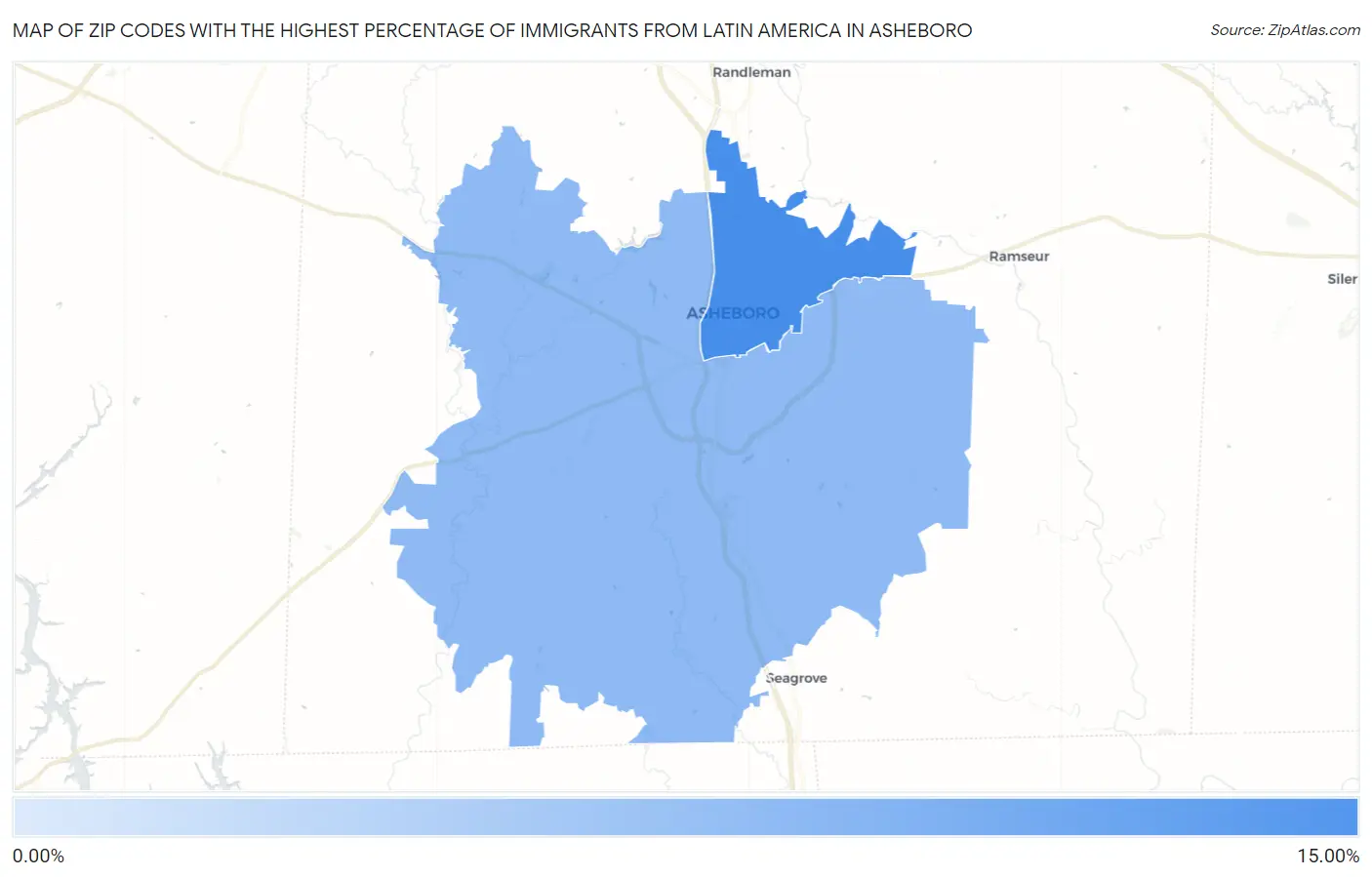 Zip Codes with the Highest Percentage of Immigrants from Latin America in Asheboro Map