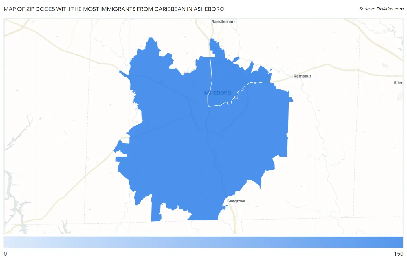 Zip Codes with the Most Immigrants from Caribbean in Asheboro Map