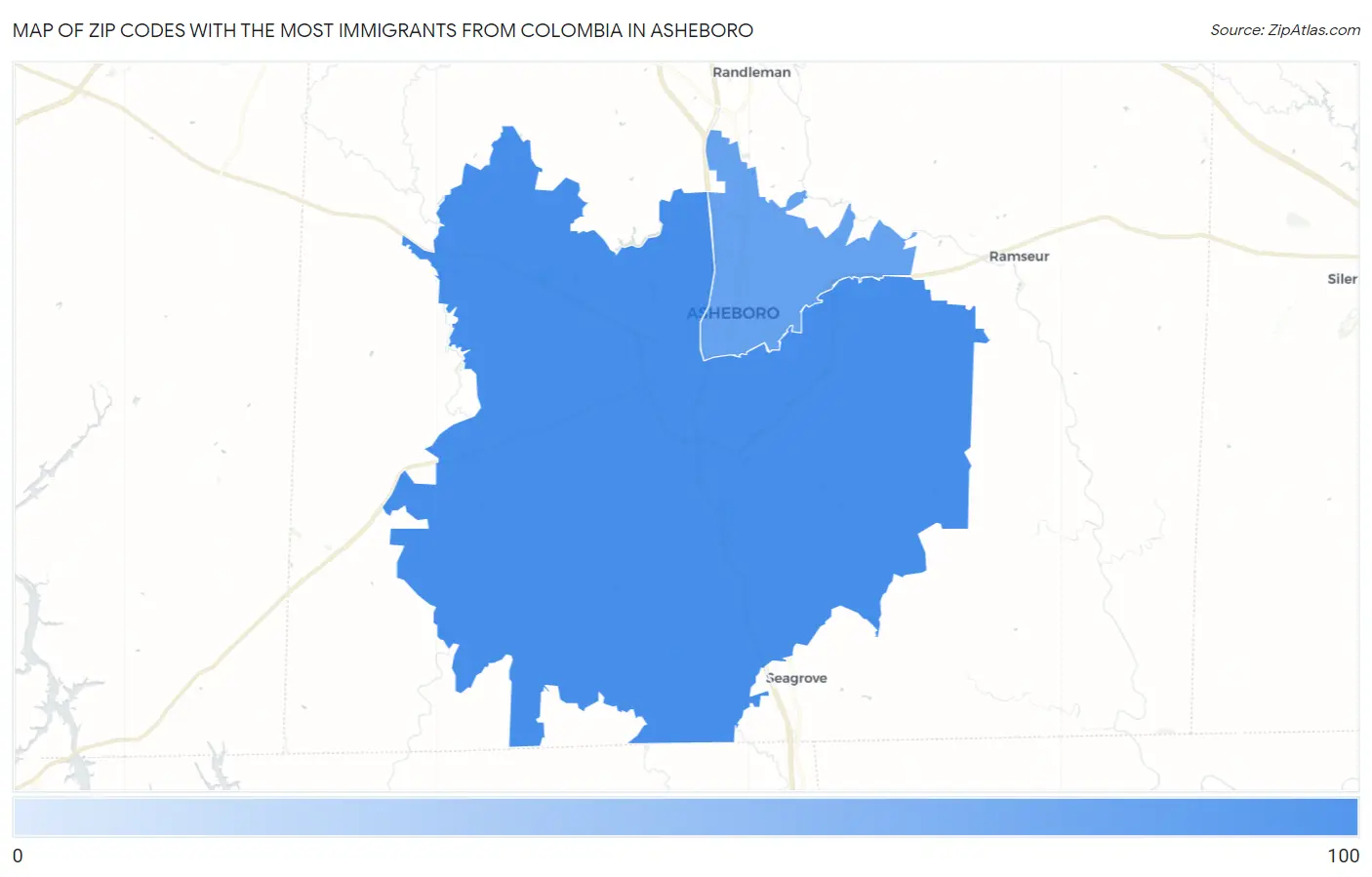 Zip Codes with the Most Immigrants from Colombia in Asheboro Map